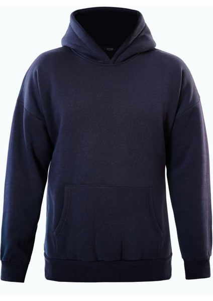 Basic Düz Renk Kapüşonlu Içi Yumuşak Polarlı Oversize Sweatshirt - Lacivert