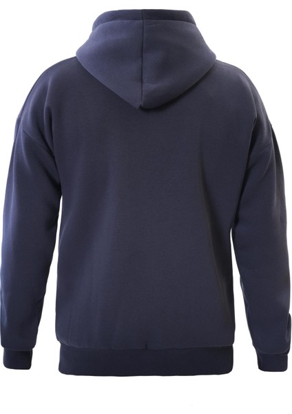 Basic Düz Renk Kapüşonlu Içi Yumuşak Polarlı Oversize Sweatshirt - Lacivert