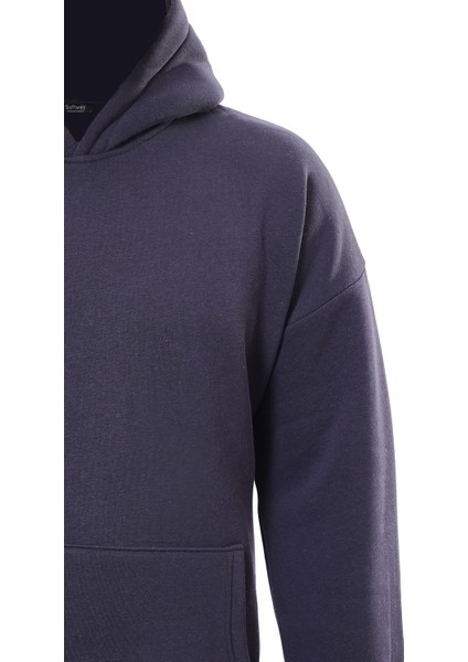 Basic Düz Renk Kapüşonlu Içi Yumuşak Polarlı Oversize Sweatshirt - Lacivert