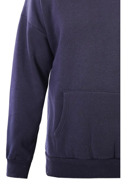 Basic Düz Renk Kapüşonlu Içi Yumuşak Polarlı Oversize Sweatshirt - Lacivert