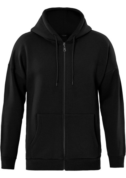 Fermuarlı Kapüşonlu Oversize Sweatshirt - Siyah