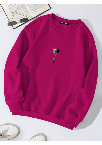 Oversize Bisiklet Yaka Basic Balloon Astronaut Baskılı Sweatshirt - Fuşya