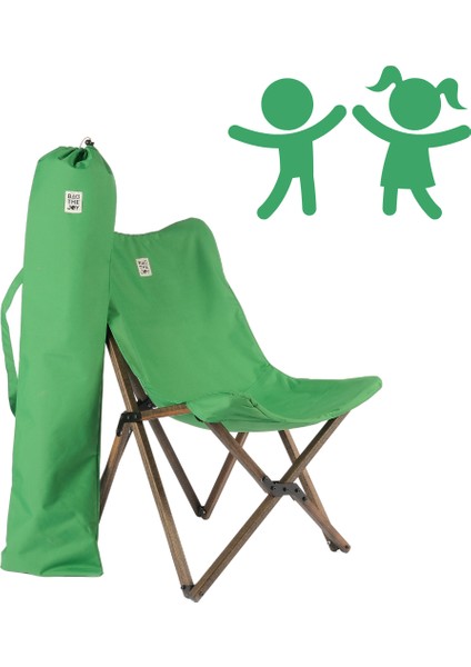 KIDS Ahşap Katlanır Kamp & Bahçe Sandalyesi – Antrasit Iskelet - Yeşil Kılıf