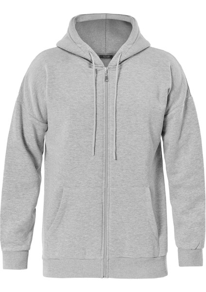 Fermuarlı Kapüşonlu Oversize Sweatshirt - Gri