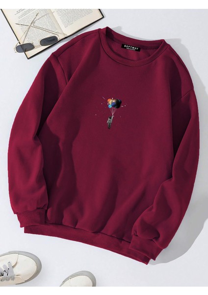 Oversize Bisiklet Yaka Basic Balloon Astronaut Baskılı Sweatshirt - Bordo