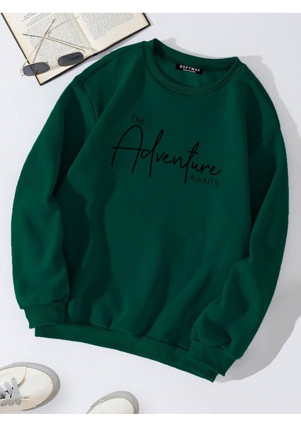 Oversize Bisiklet Yaka Basic Adventure Baskılı Sweatshirt - Koyu Yeşil