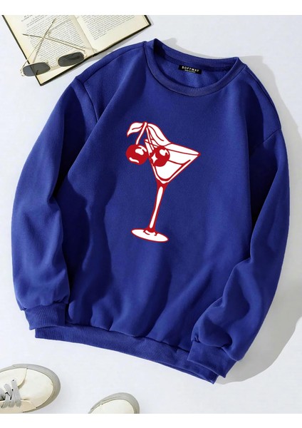 Oversize Bisiklet Yaka Basic Cherry Cocktail Baskılı Sweatshirt - Saks Mavisi