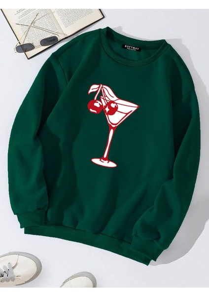 Oversize Bisiklet Yaka Basic Cherry Cocktail Baskılı Sweatshirt - Koyu Yeşil