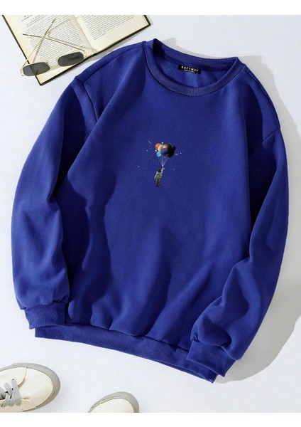 Oversize Bisiklet Yaka Basic Balloon Astronaut Baskılı Sweatshirt - Saks Mavisi