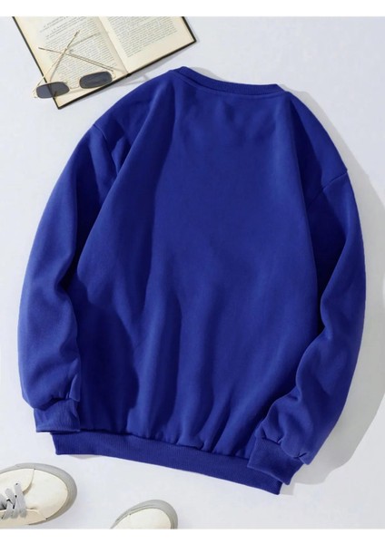 Oversize Bisiklet Yaka Basic Balloon Astronaut Baskılı Sweatshirt - Saks Mavisi