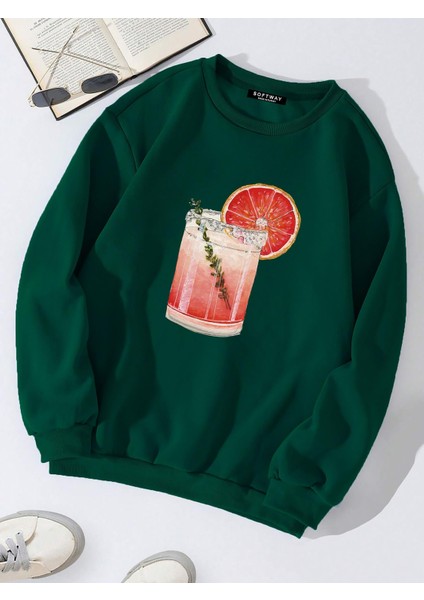 Oversize Bisiklet Yaka Basic Orange Cocktail Baskılı Sweatshirt - Koyu Yeşil