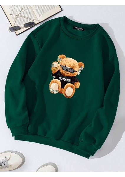 Oversize Bisiklet Yaka Basic Billionaire Baskılı Sweatshirt - Koyu Yeşil