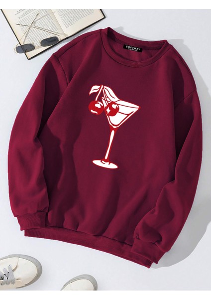 Oversize Bisiklet Yaka Basic Cherry Cocktail Baskılı Sweatshirt - Bordo