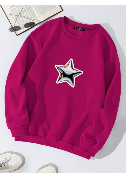 Oversize Bisiklet Yaka Basic Shining Metallic Star Baskılı Sweatshirt - Fuşya