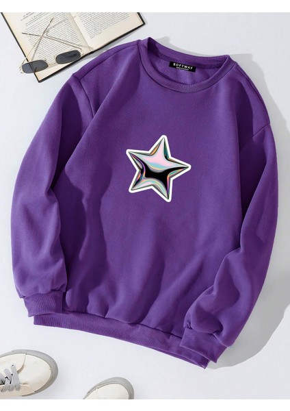 Oversize Bisiklet Yaka Basic Shining Metallic Star Baskılı Sweatshirt - Mor