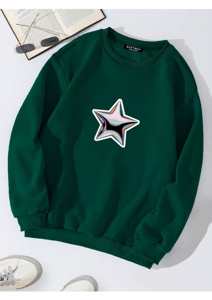 Oversize Bisiklet Yaka Basic Shining Metallic Star Baskılı Sweatshirt - Koyu Yeşil