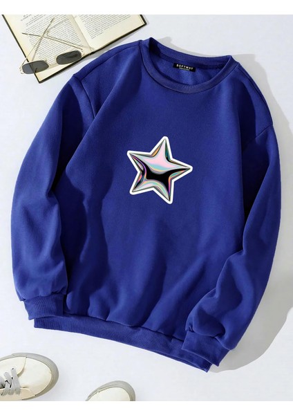 Oversize Bisiklet Yaka Basic Shining Metallic Star Baskılı Sweatshirt - Saks Mavisi