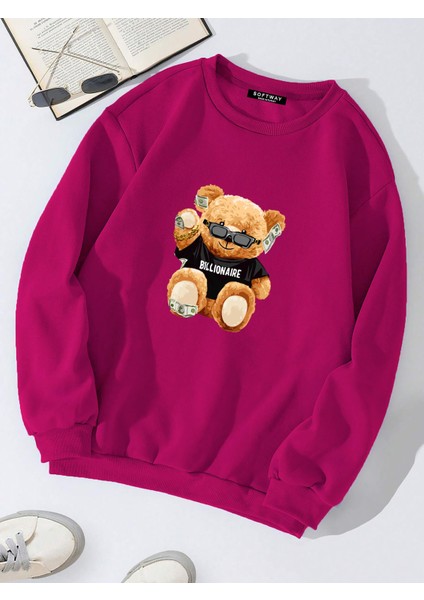 Oversize Bisiklet Yaka Basic Billionaire Baskılı Sweatshirt - Fuşya