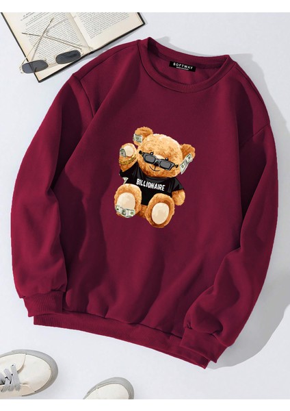 Oversize Bisiklet Yaka Basic Billionaire Baskılı Sweatshirt - Bordo