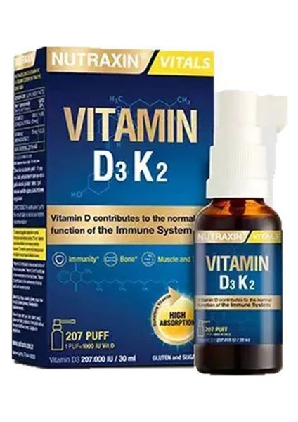 Vitamin D3k2 30 ml Vitamin D3 1000 Iu (25 Mcg), Vitamin K2 (Menakinon-7) 25 Mcg, Zeytinyağı