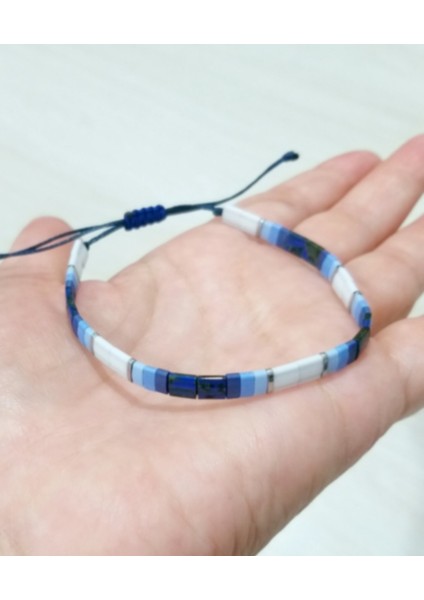 Gümüş Rengi Hematit Doğaltaşlı Beyaz Desenli Lacivert Mavi Tila Boncuklu Unisex Bileklik modelleri