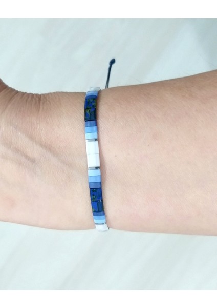 Gümüş Rengi Hematit Doğaltaşlı Beyaz Desenli Lacivert Mavi Tila Boncuklu Unisex Bileklik indirimleri