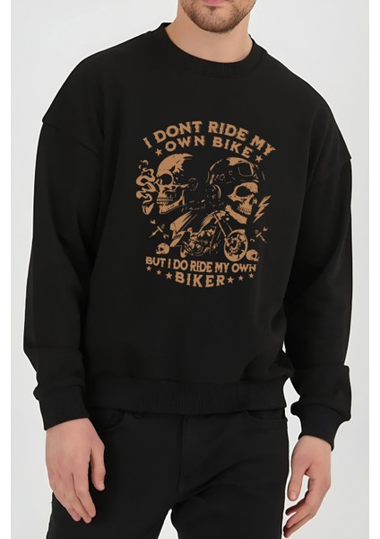 Motorcu Kuru Kafa Baskılı Siyah Unisex Kadın Erkek Pamuklu Sweatshirt CU217
