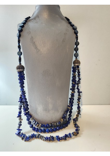 Lapis Lazuli ve Mavi Ceyt Orjinal Doğal Taş Kadın Kolye / Sağlık, Gençlik, Odaklanma ve Içhuzur - 75 cm Kolye Ebadı