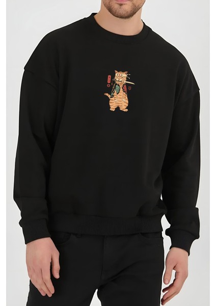 Etnik Samuray Sarman Kedi Baskılı Siyah Unisex Kadın Erkek Pamuklu Sweatshirt CU208