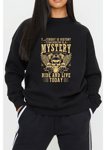 Motorcu Kuru Kafa Baskılı Siyah Unisex Kadın Erkek Pamuklu Sweatshirt CU216