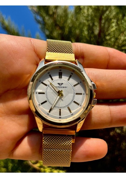 Hasır Mıknatıslı Kordon Lüks Gold Renk Içi Beyaz Kadın Kol Saati
