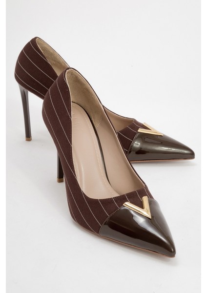 Arrow Kahve Çizgili Rugan Altın Toka Detaylı Kadın Topuklu Ayakkabı