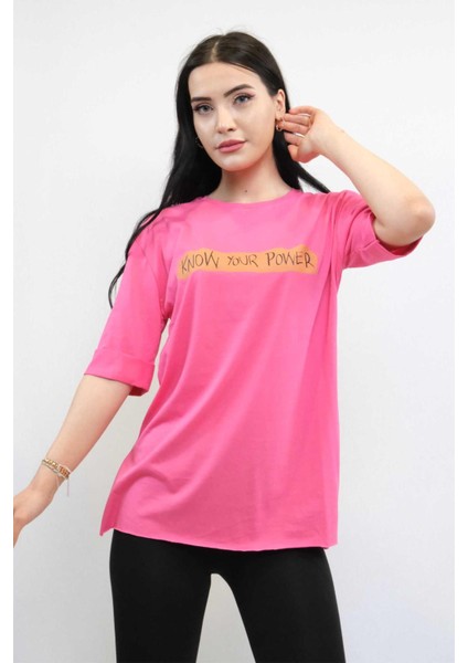 Bisiklet Yaka Oversize Tshirt Pembe Pembe