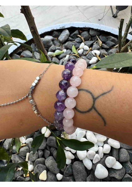 Ametist Pembe Kuvars Ikili Kombin Bileklik