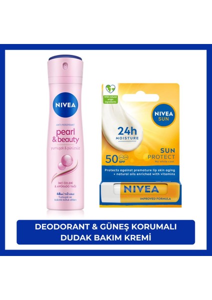Kadın Sprey Deodorant Pearl&Beauty 150ml Ve Yüksek Güneş Korumalı Dudak Bakım Kremi, Spf50