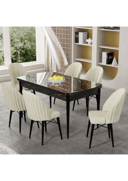 Gale Serisi 80X132 cm Açılabilir Lak Panel Siyah Mermer Desen Mutfak Masa Takımı ve 6 Sandalye