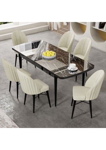 Gale Serisi 80X132 cm Açılabilir Lak Panel Siyah Mermer Desen Mutfak Masa Takımı ve 6 Sandalye fiyatları