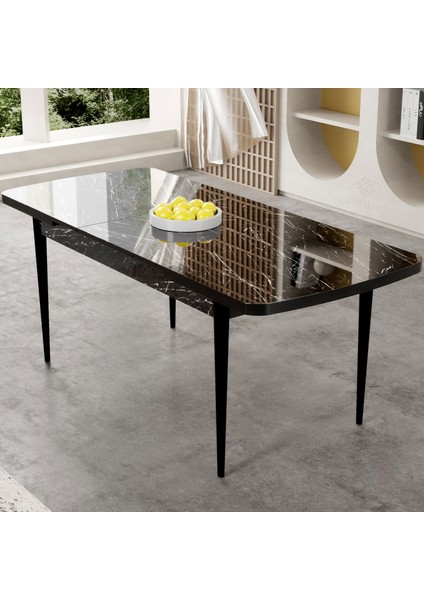 Gale Serisi 80X132 cm Açılabilir Lak Panel Siyah Mermer Desen Mutfak Masa Takımı ve 6 Sandalye fırsatları