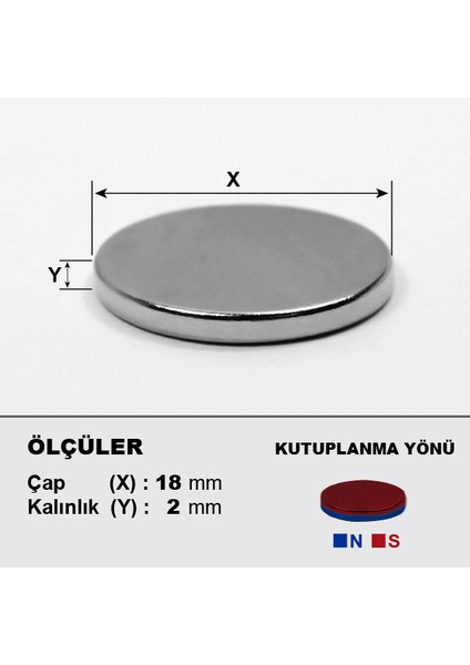 Neodyum Mıknatıs D18x2 Çap 18 mm Kalınlık 2 mm Çok Güçlü Mıknatıs 10 Adet