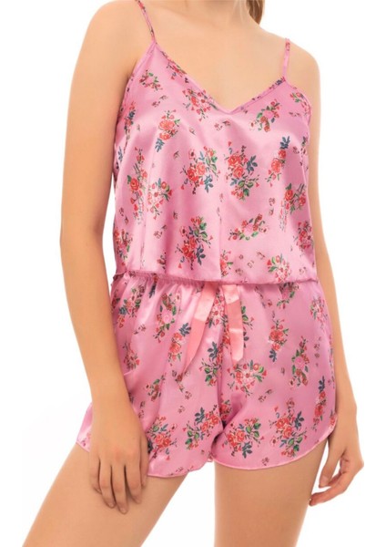 Çiçek Desenli Pembe Saten Şortlu Pijama Takımı