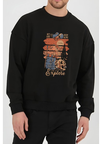 Dağcı Kamp Baskılı Siyah Unisex Kadın Erkek Pamuklu Sweatshirt CU223