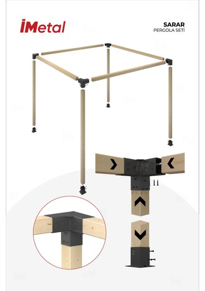 Sarar Tek Bölümlü Hazır Ahşap Pergola Seti 85 x 85 mm Ahşaplar Dahil