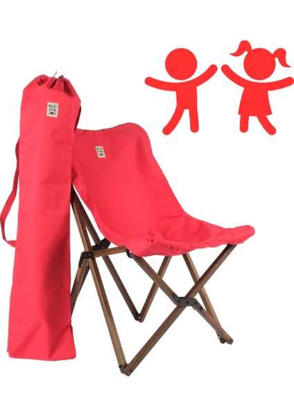 KIDS Ahşap Katlanır Kamp & Bahçe Sandalyesi – Antrasit Iskelet - Kırmızı Kılıf