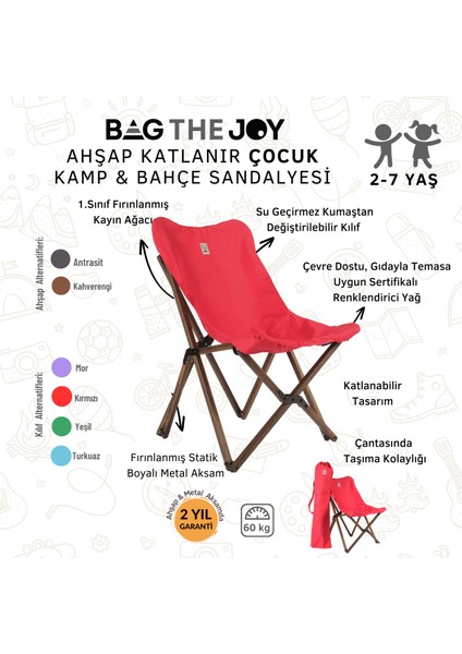 KIDS Ahşap Katlanır Kamp & Bahçe Sandalyesi – Antrasit Iskelet - Kırmızı Kılıf fırsatları