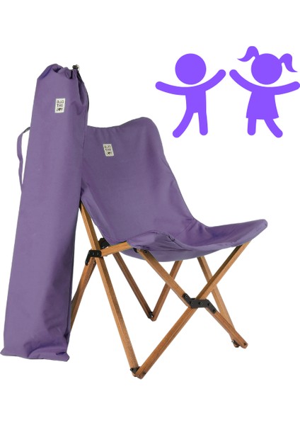 KIDS Ahşap Katlanır Kamp & Bahçe Sandalyesi – Kahverengi Iskelet - Mor Kılıf