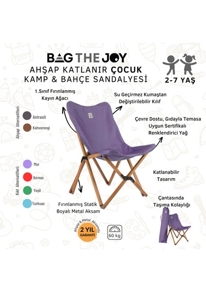 KIDS Ahşap Katlanır Kamp & Bahçe Sandalyesi – Kahverengi Iskelet - Mor Kılıf fırsatları