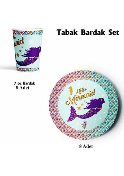 Deniz Kızı Temalı Doğum Günü Konsepti Tabak Bardak Set 8'li