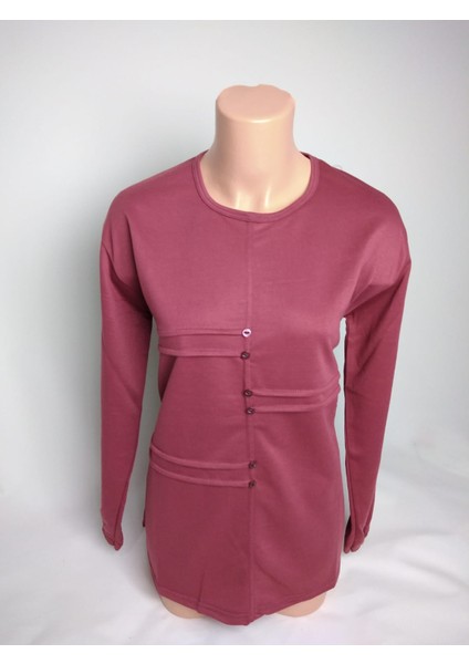 Kadın Gülkurusu Bisiklet Yaka Düğmeli Yırtmaçlı Uzun Kollu Bilek Lastikli Iki Iplik Bluz Tişört