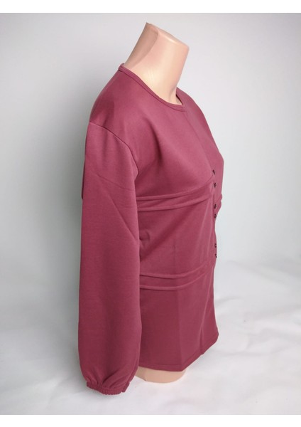 Kadın Gülkurusu Bisiklet Yaka Düğmeli Yırtmaçlı Uzun Kollu Bilek Lastikli Iki Iplik Bluz Tişört fiyatları