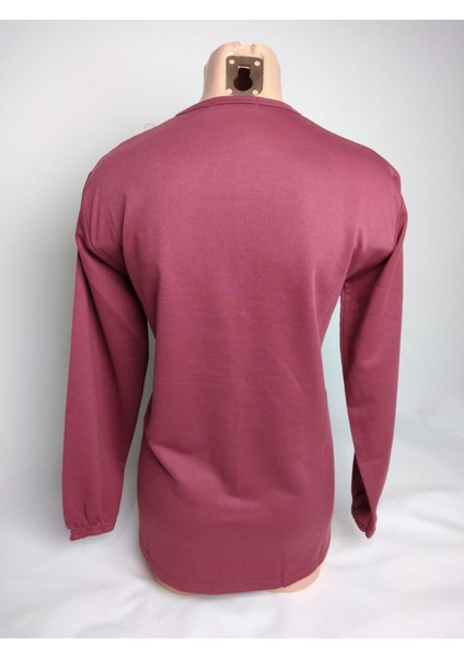 Kadın Gülkurusu Bisiklet Yaka Düğmeli Yırtmaçlı Uzun Kollu Bilek Lastikli Iki Iplik Bluz Tişört modelleri